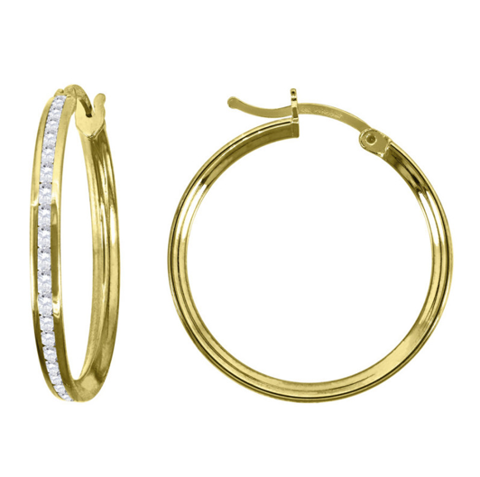 14K Yellow Gold Womens Single Row CZ Huggie 23mm x 2mm Hoops
