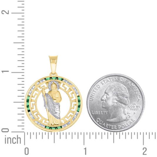 14k Yellow Gold Green White Princess-Cut CZ St. Jude Pendant