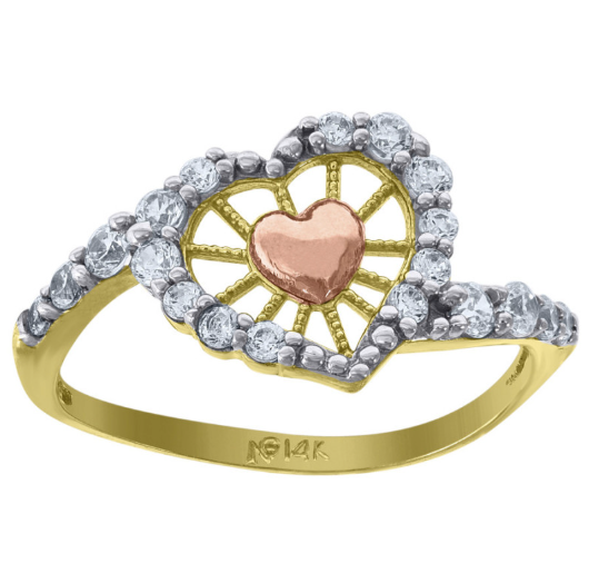 14k Yellow Gold Tri Color Heart CZ Ring