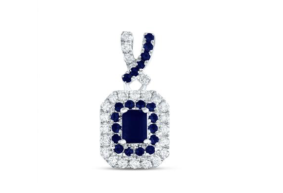 14k White Gold 1/6 Cttw Round Diamonds 1/10 Cttw Natural Round Blue Sapphire 4X3mm Emerald Cut Blue Sapphire Pendant