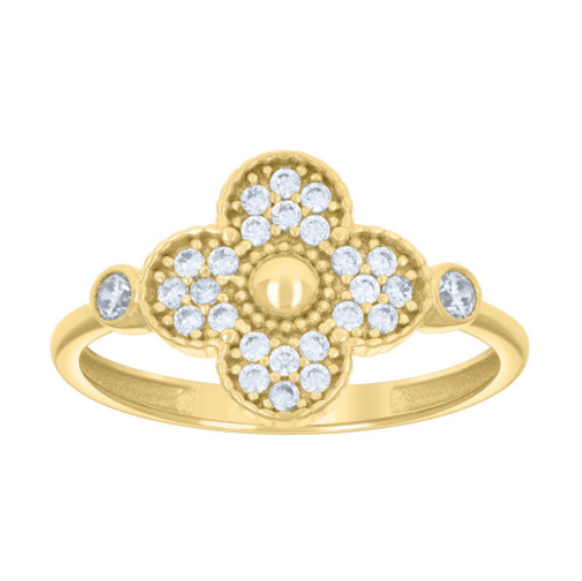 Van Clover design 10k yellow gold ring with cubic zirconia, adding elegance and sparkle
