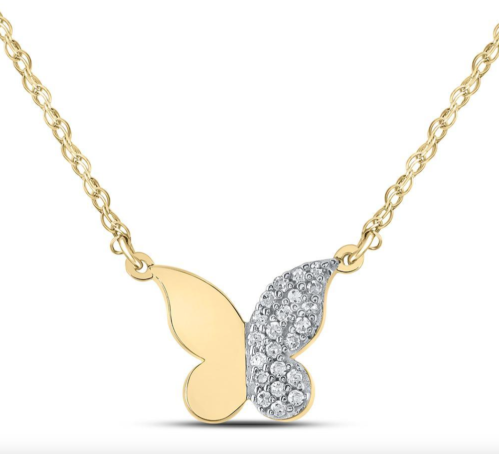 10k Yellow Gold Butterfly 1/8 Cttw Diamond Necklace