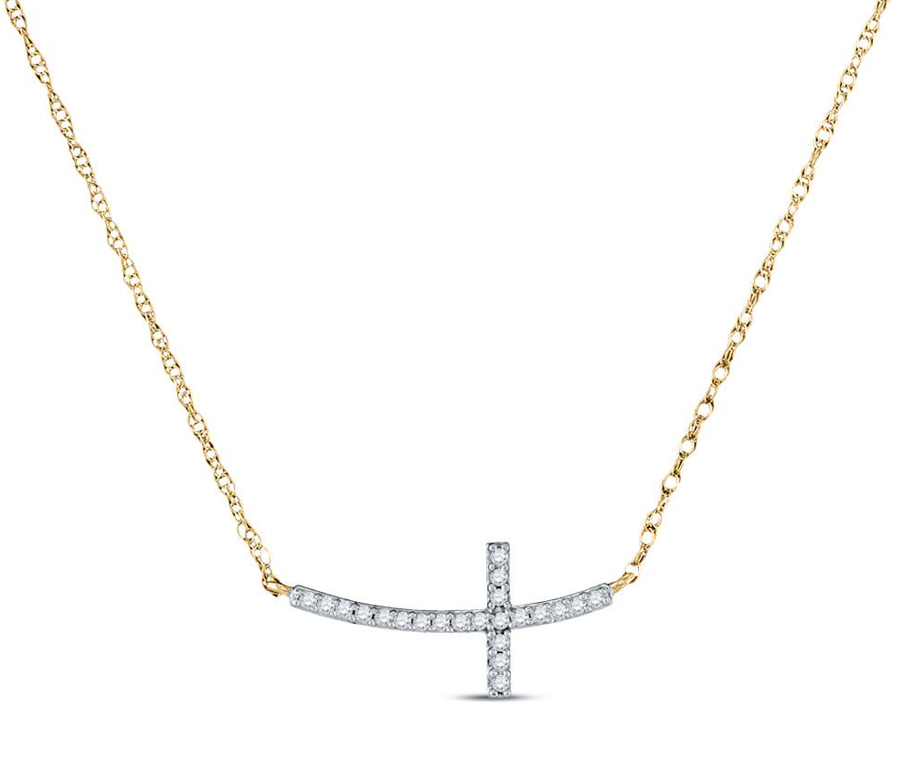 10k Yellow Round 1/20 Cttw Diamond Horizontal Cross Necklace