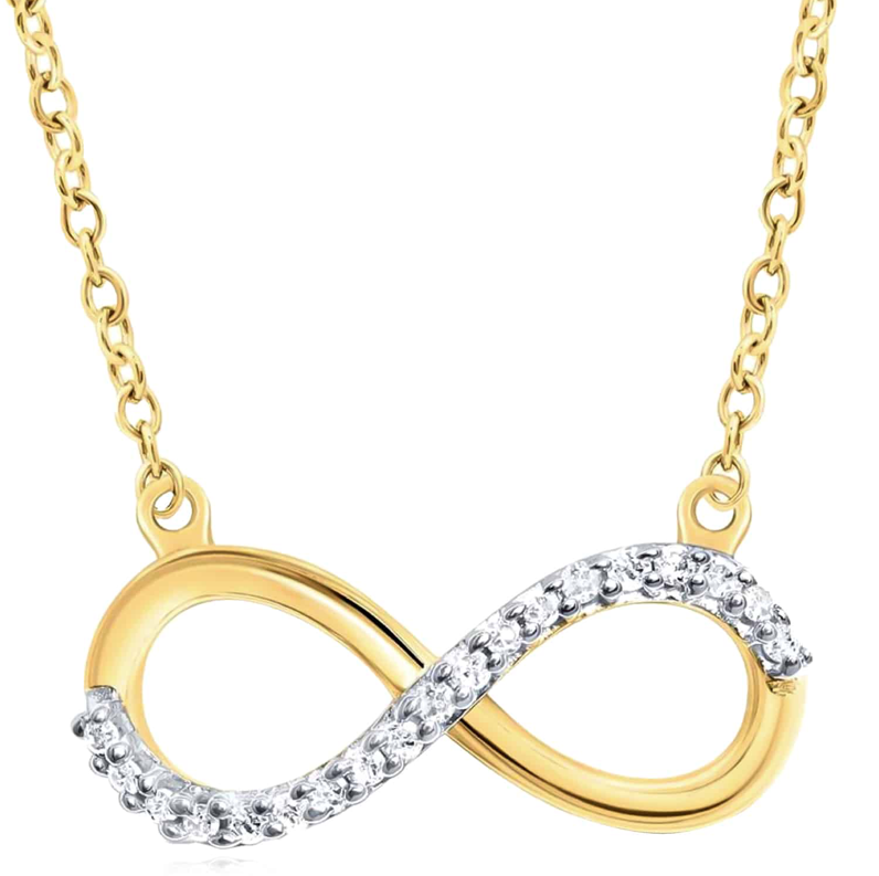 A yellow gold infinity symbol necklace with round diamonds on a chain.