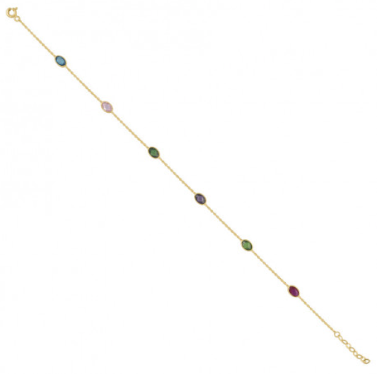 14Kt Yellow Gold Multi-Color Oval CZ Anklet