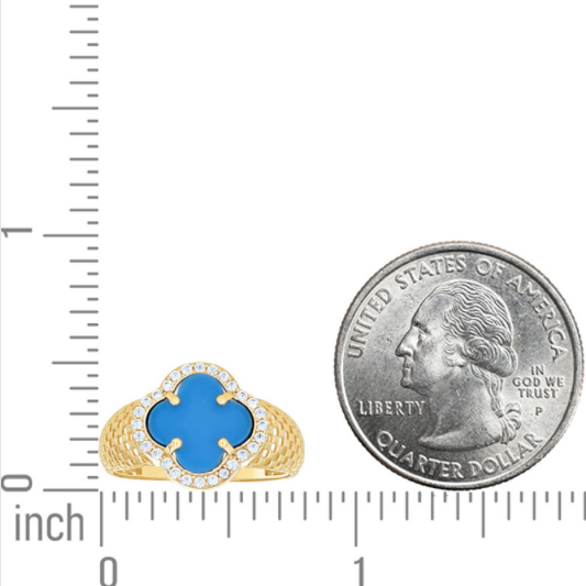 14K yellow gold sky blue clover ring with CZ stones, front view