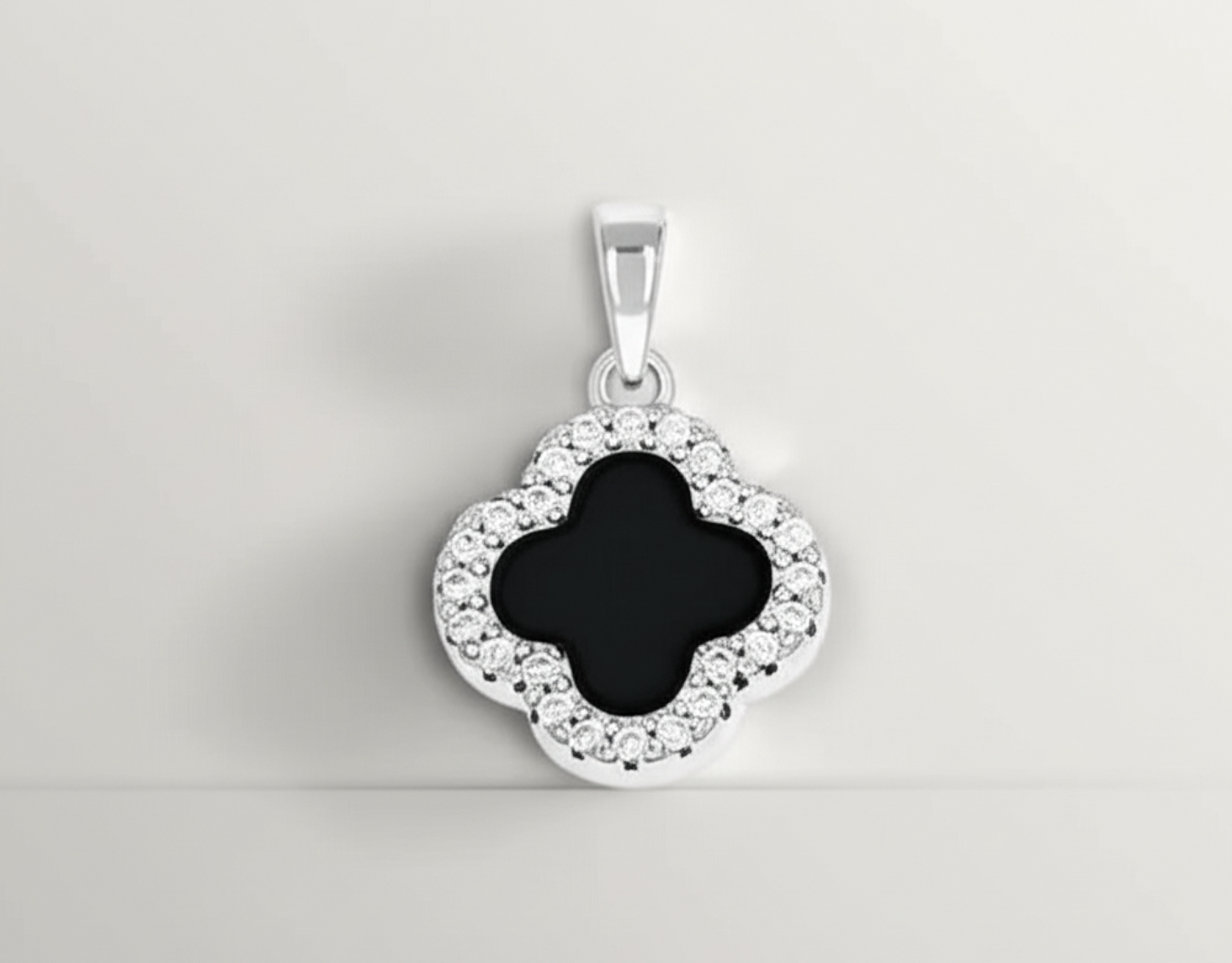 Sterling Silver Black Clover Charm, White Sapphires, Van Cleef Inspired