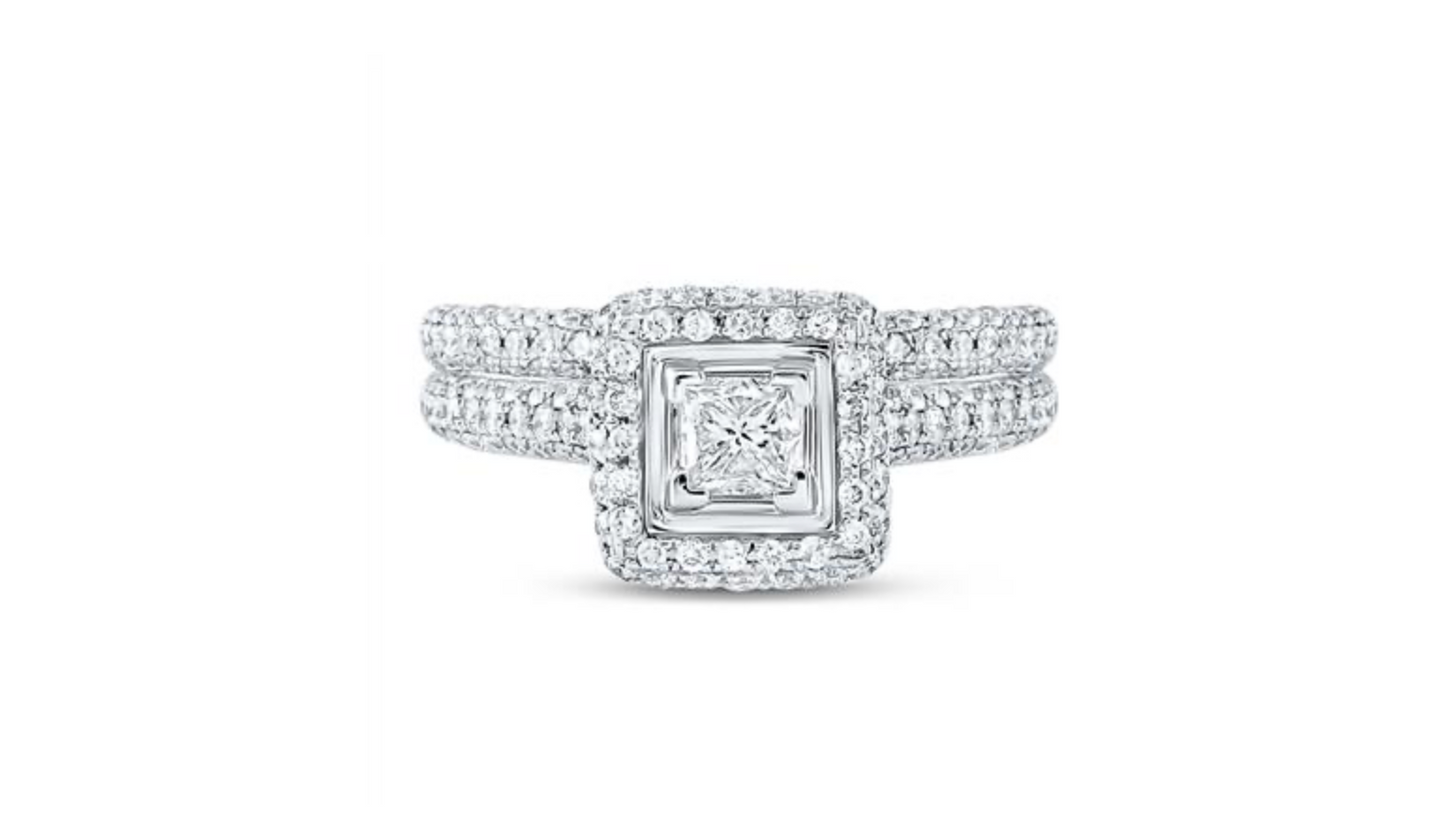 14K White Gold Princess Diamond Halo Bridal Wedding Ring Set – 1 1/4 CTTW (Certified)