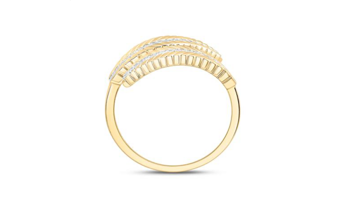 Gold ring with diamond accents on a white background