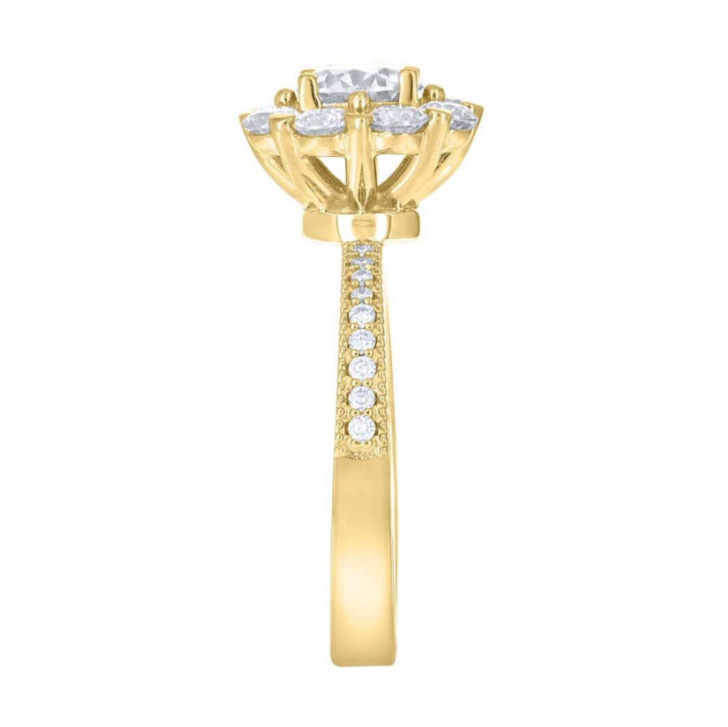 Gold ring with diamond accents on a white background