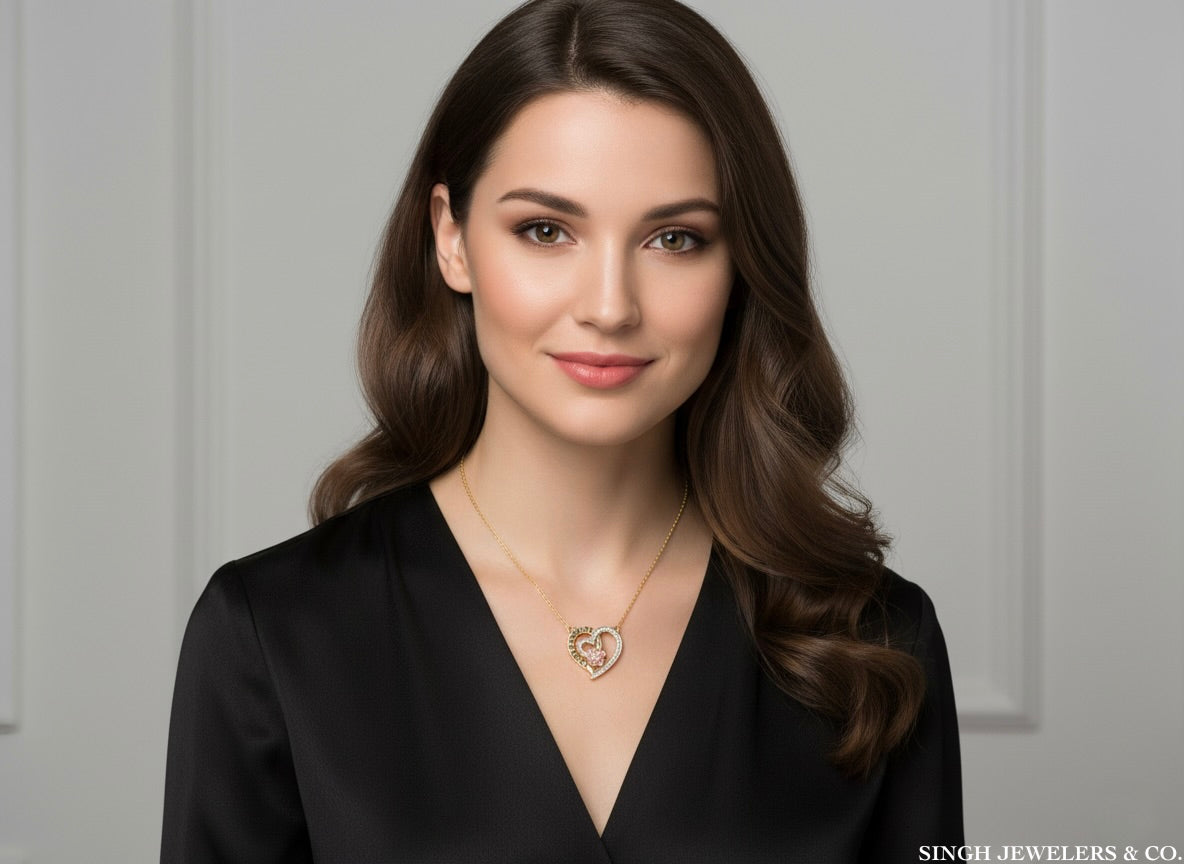 Woman wearing a necklace with a heart pendant against a neutral background