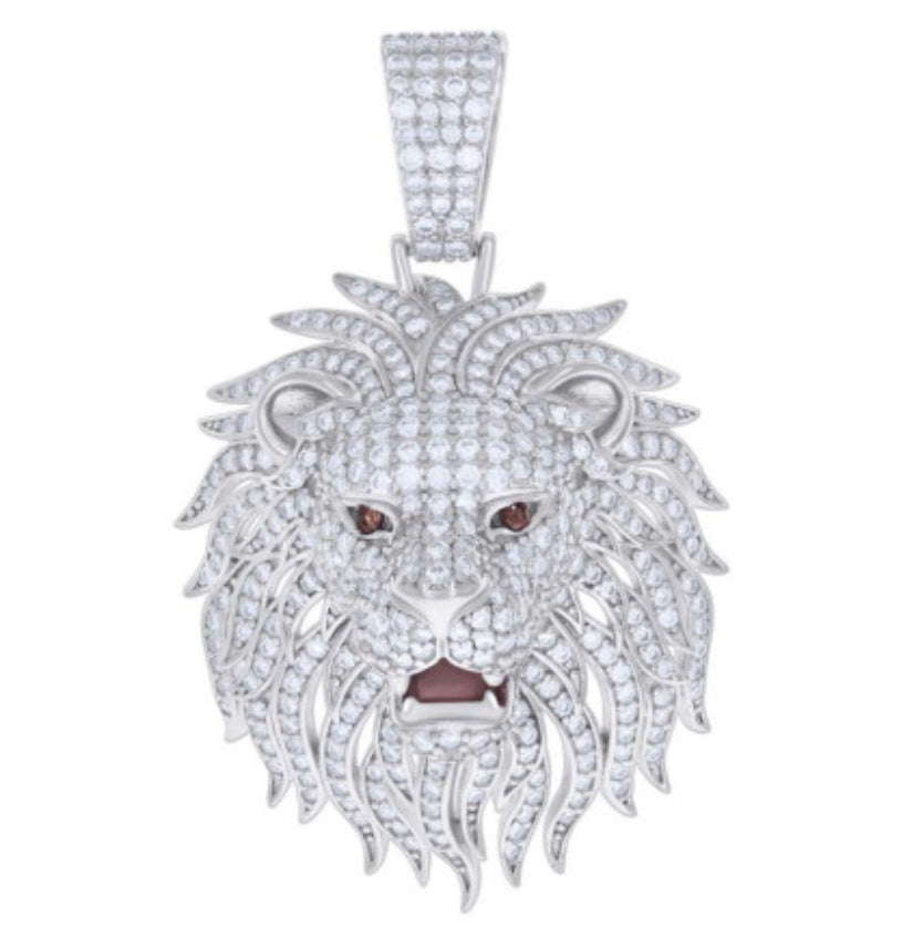 Sterling Silver Lion Pendant with Moissanite and Red CZ Stones