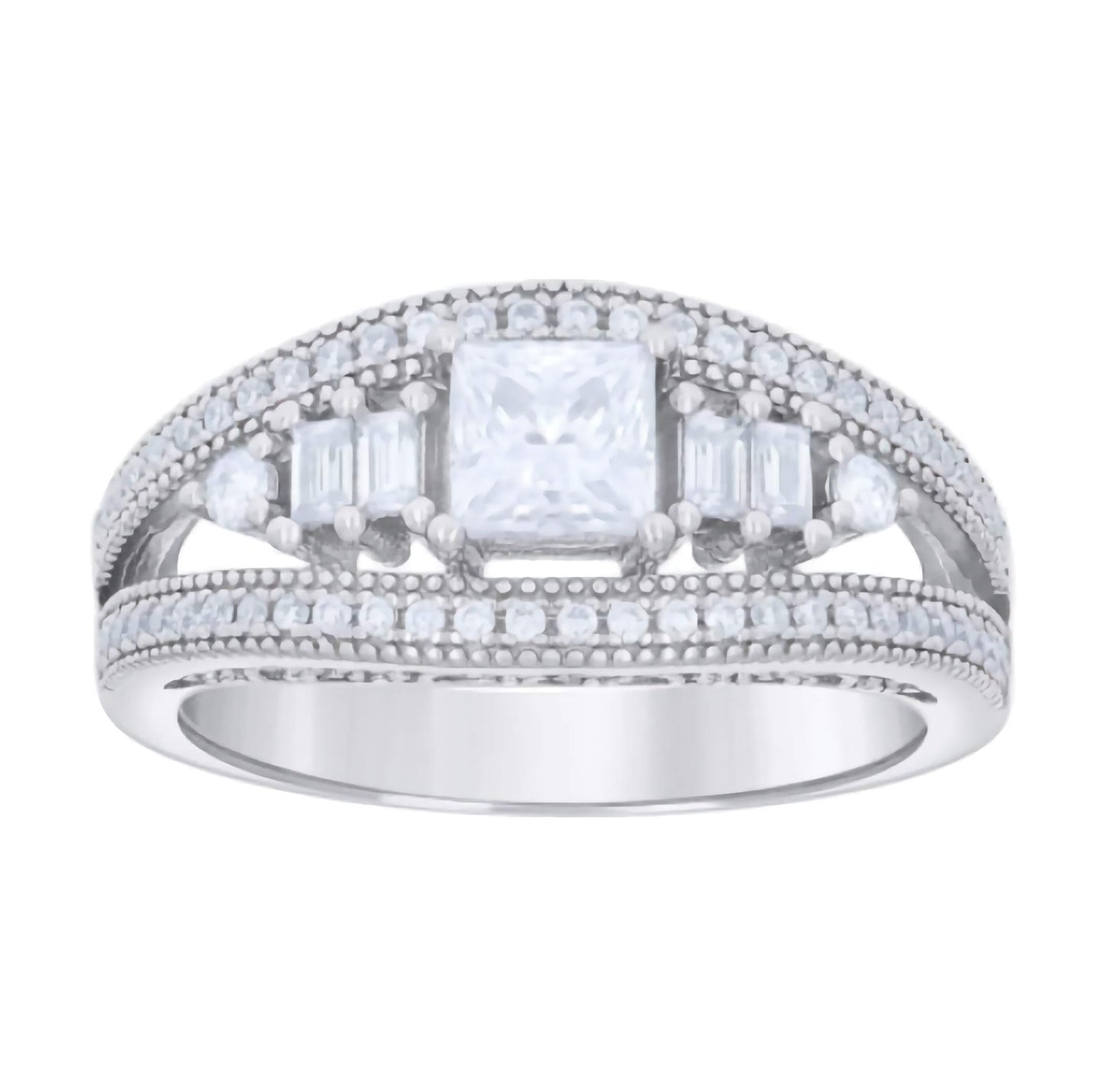 Sterling Silver Princess-cut/Baguette Round White Sapphires Fashion Ring