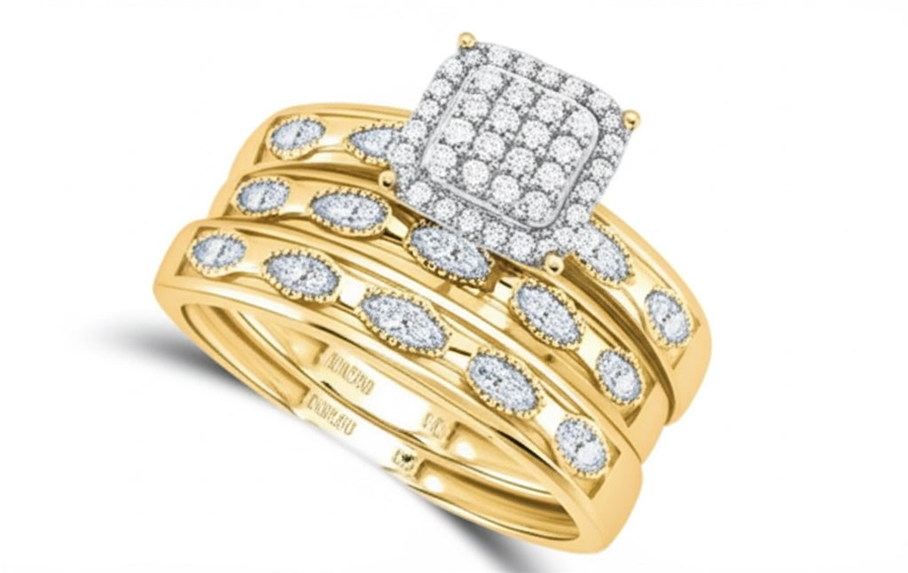 10K yellow gold engagement and wedding ring set with diamonds