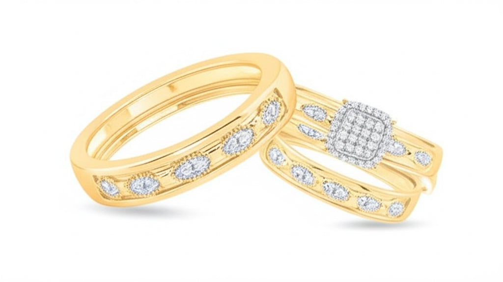 10K yellow gold engagement and wedding ring set with diamonds