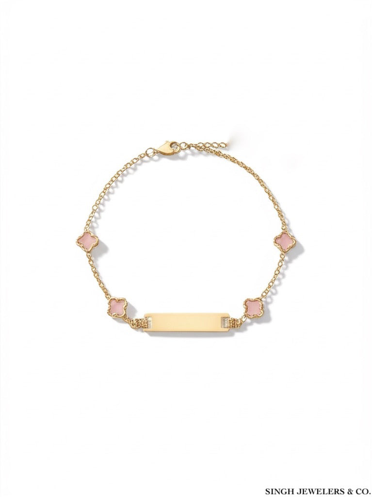 10K Yellow Gold Baby ID Bracelet – Pink 5mm Clover, 5" Adjustable