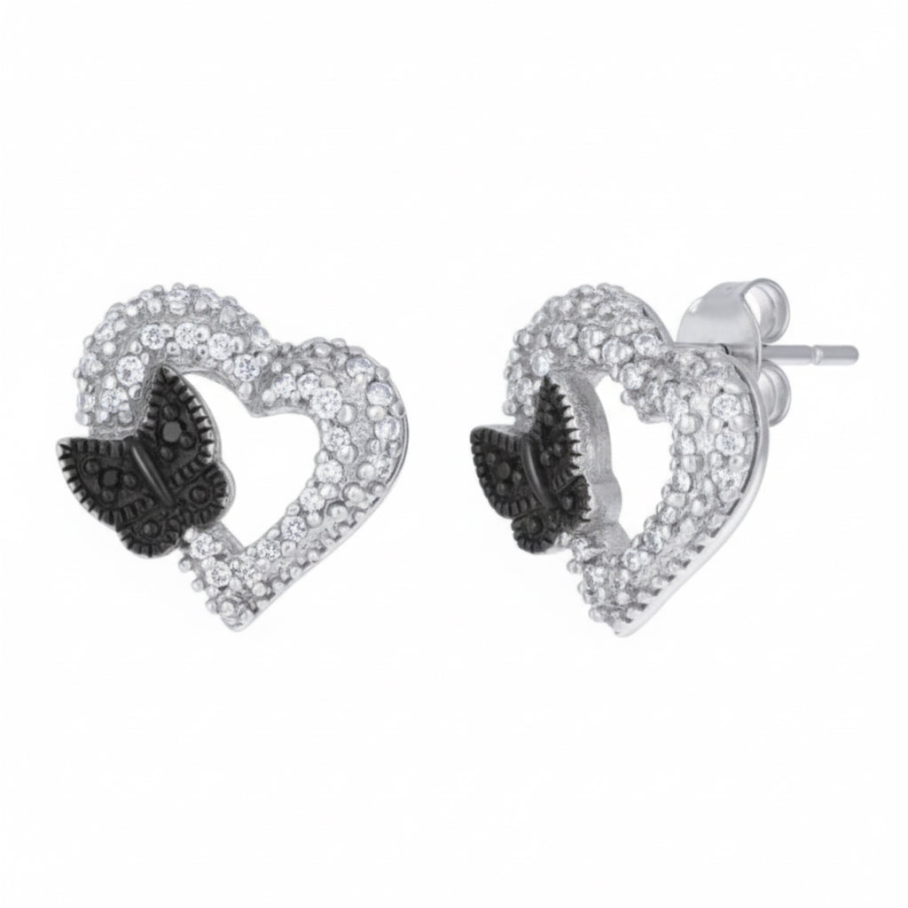 Sterling silver black butterfly heart earrings with white sapphire accents
