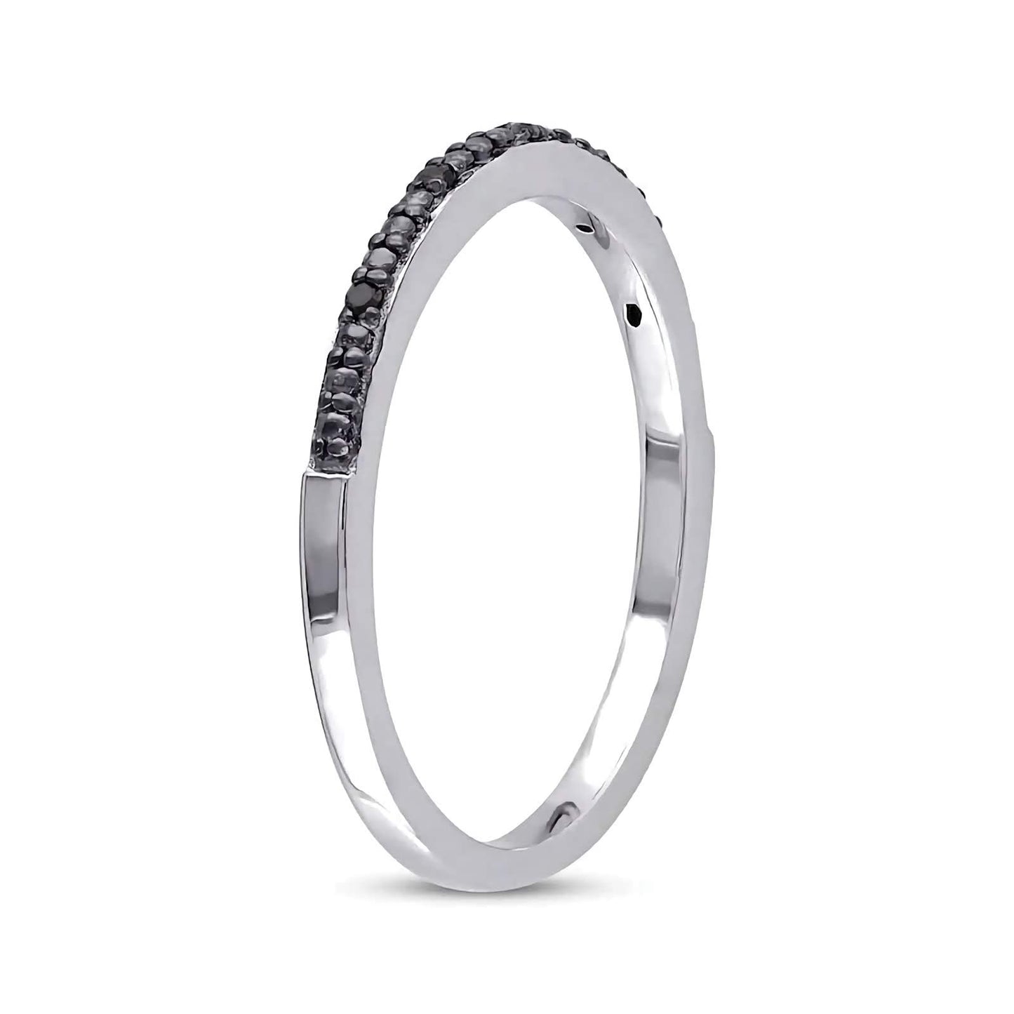 Stackable black diamond band in white gold, angled view
