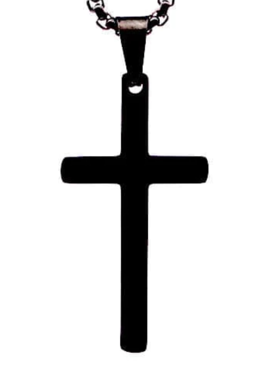 Black stainless steel cross necklace with 30mm height and 16mm width pendant. Sleek, modern design for everyday wear or special occasions.