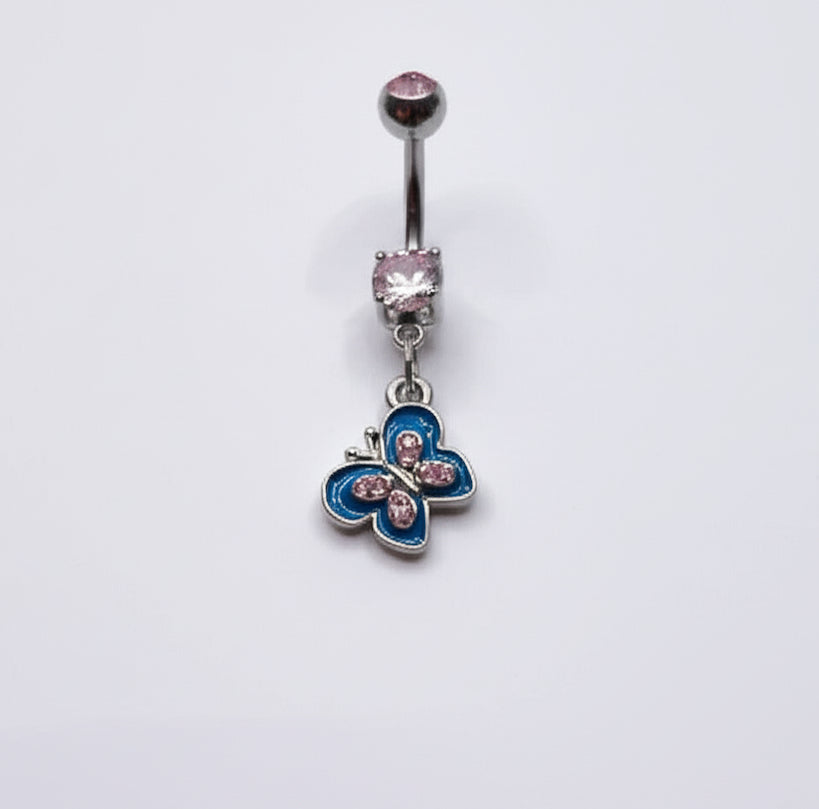 blue enamel butterfly belly button ring crafted from 316L surgical steel
