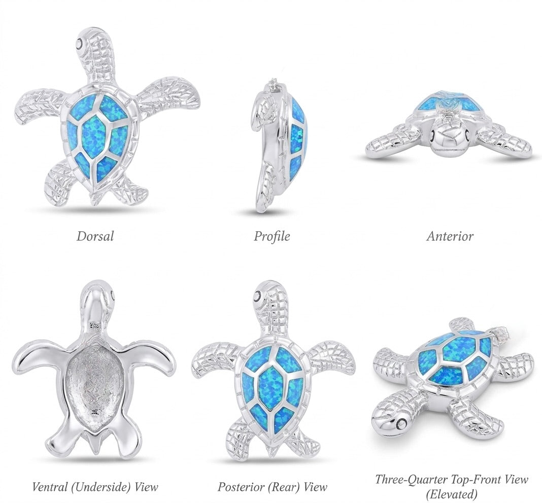 Close-up of blue opal detailing on a sterling silver turtle pendant