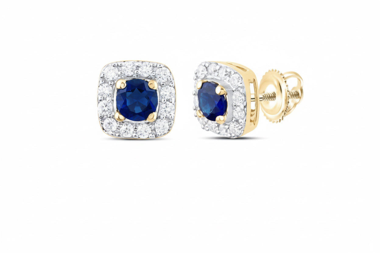 3mm round blue sapphire and diamond stud earrings in 14K yellow gold