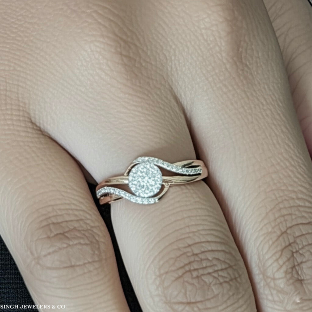 Model wearing 10K rose gold diamond bypass ring on finger