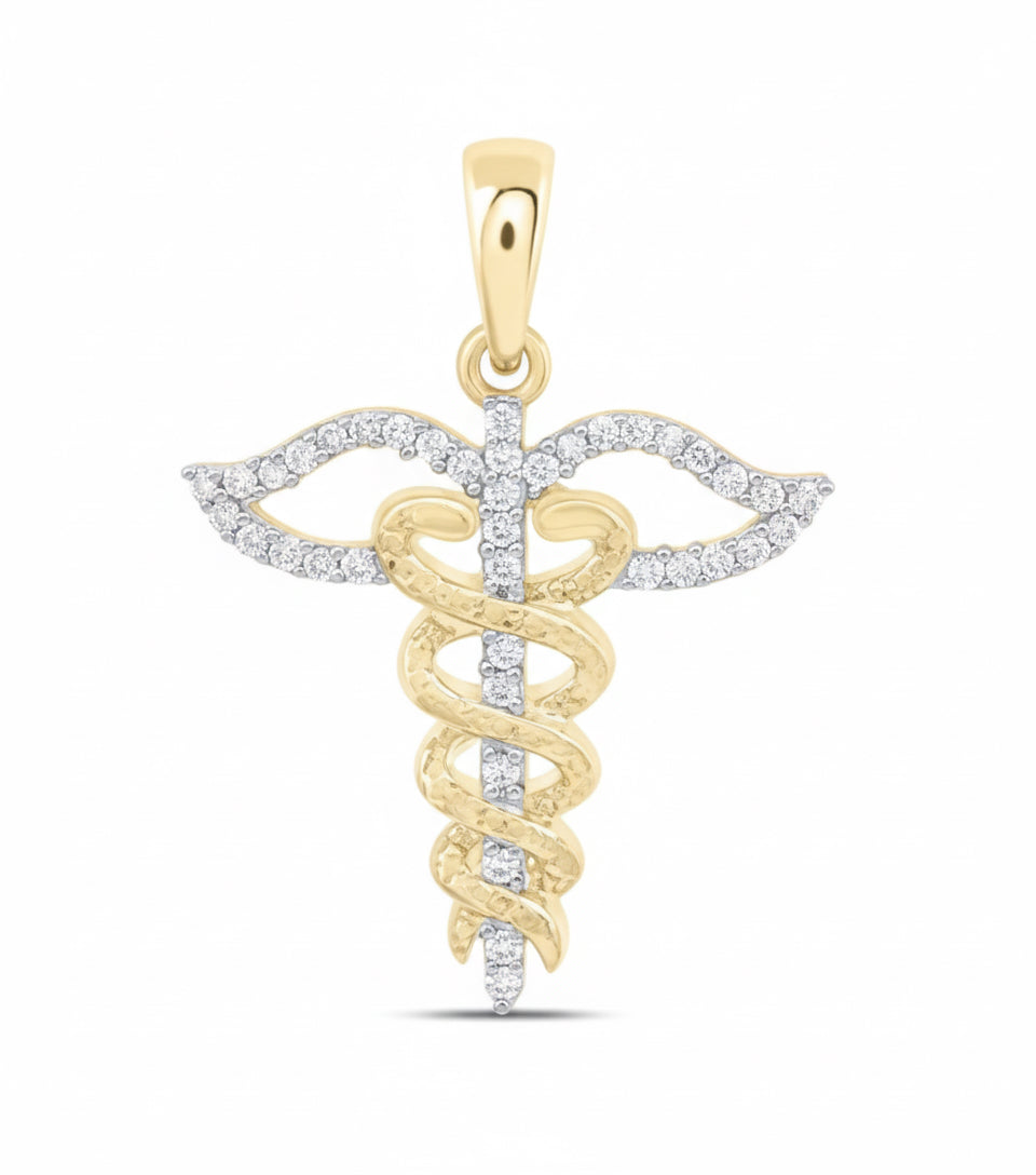 Close-up of Caduceus symbol pendant in 10K gold
