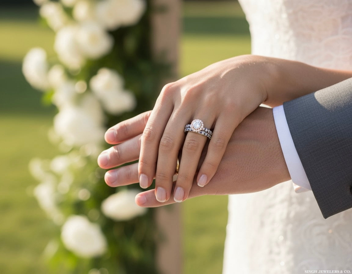 Close-up of hands holding each other with a blurred floral background