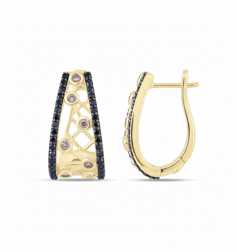 Champagne and black diamond hoop earrings in 10K yellow gold