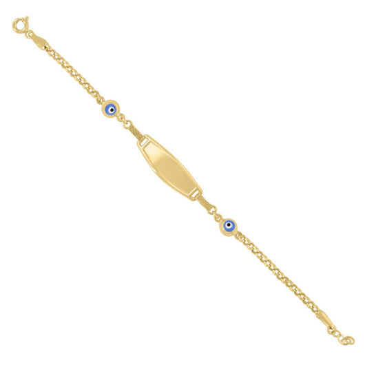 Close-up of the Evil Eye charm on the 10K Yellow Gold Baby ID Bracelet, offering good luck and protection.