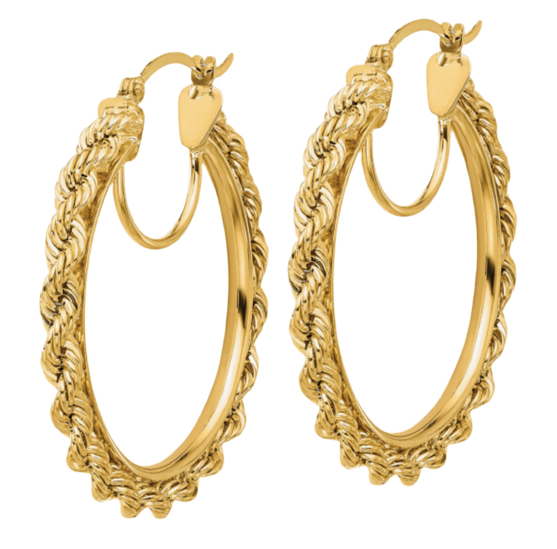 Close-up of the intricate rope twist design on 10K yellow gold hoops earrings, showcasing their elegance and craftsmanship.