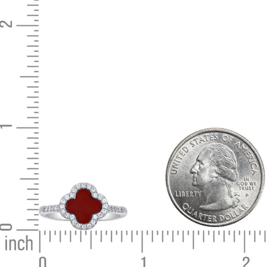 Sterling Silver 10mm Red Burgundy Clover Ring with White Sapphires – Size 7, featuring a sparkling clover design.