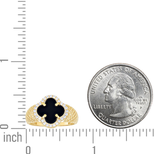 14K Gold Black Clover Ring with CZ – Front View