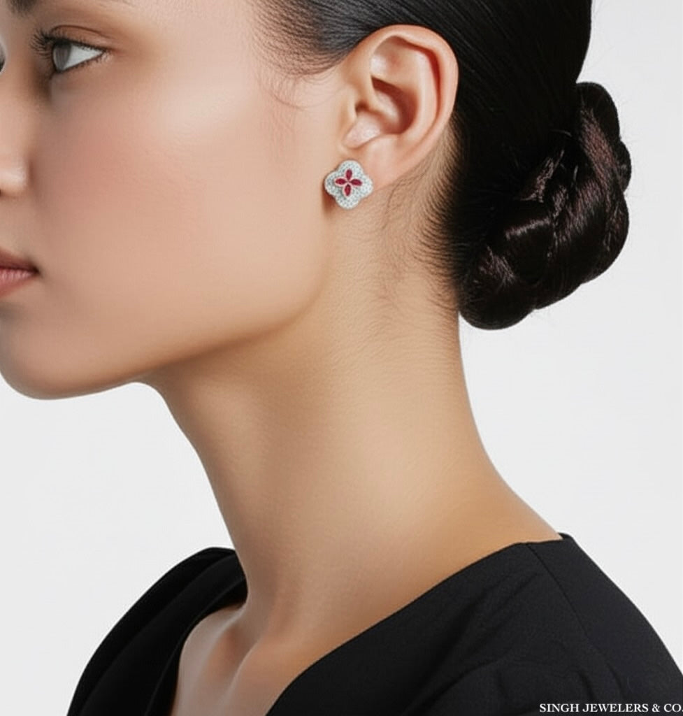 Clover Earrings with Ruby & Diamonds – 5/8 CTW in Gold