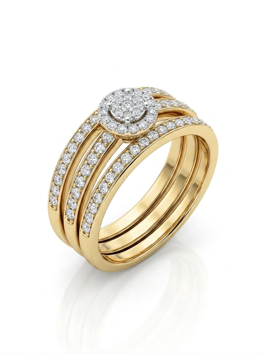 Close-up of 3-piece diamond bridal stackable ring set in 10K gold