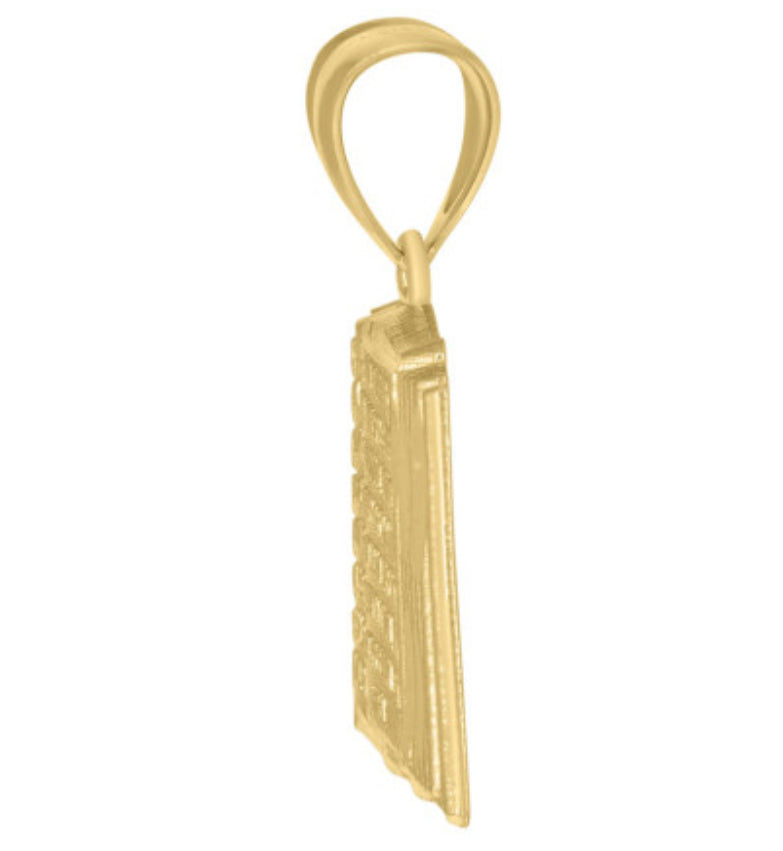 Side view of diamond-cut detailing on Holy Bible gold charm