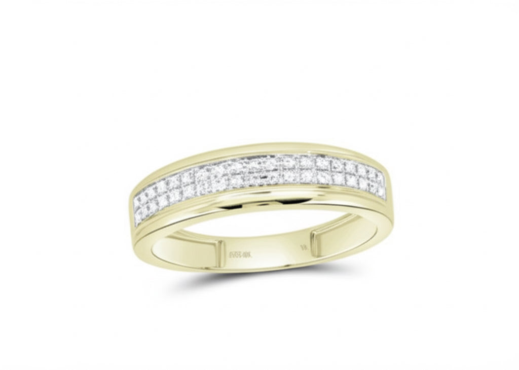 Gold ring with embedded diamonds on a white background