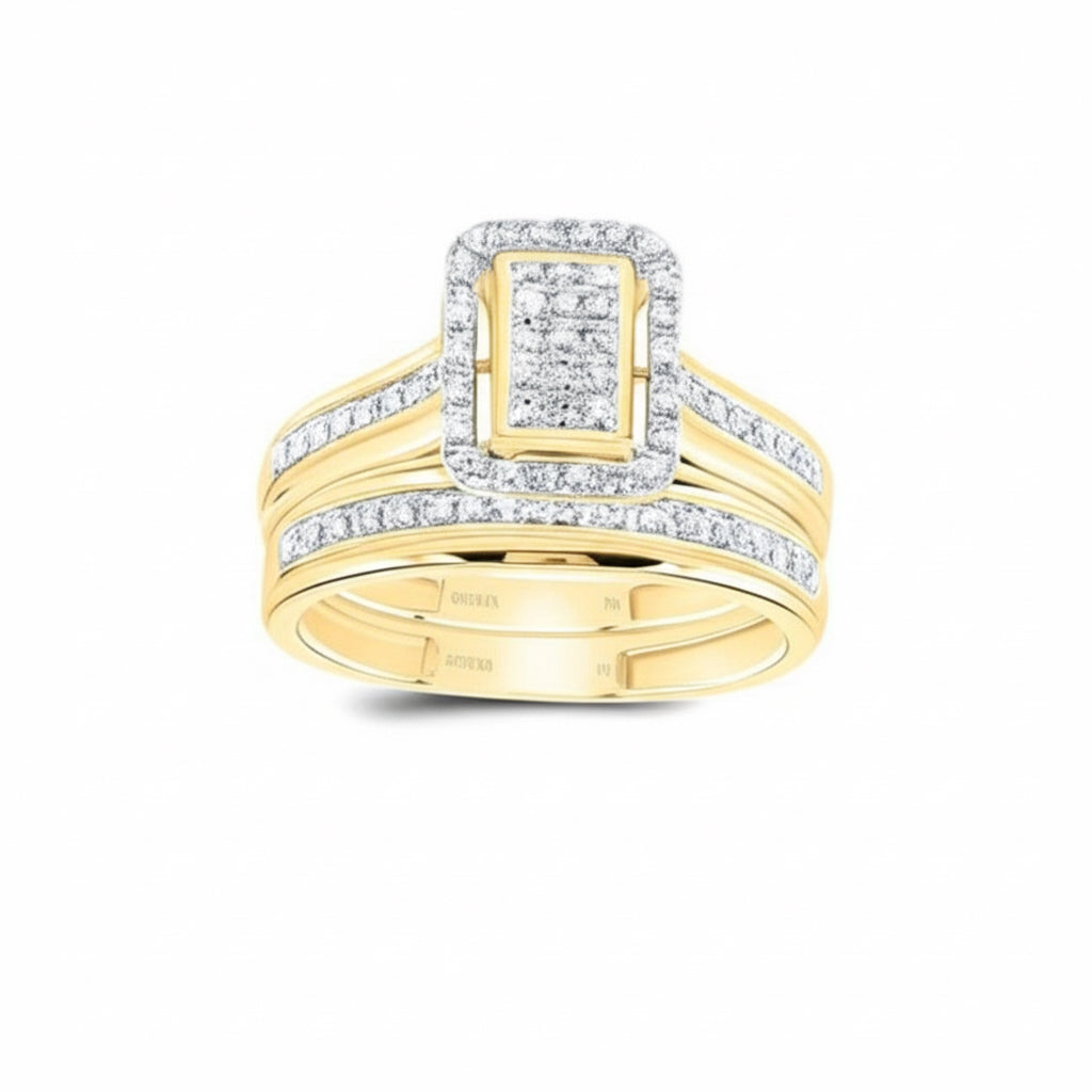Two gold rings with diamond accents on a white background