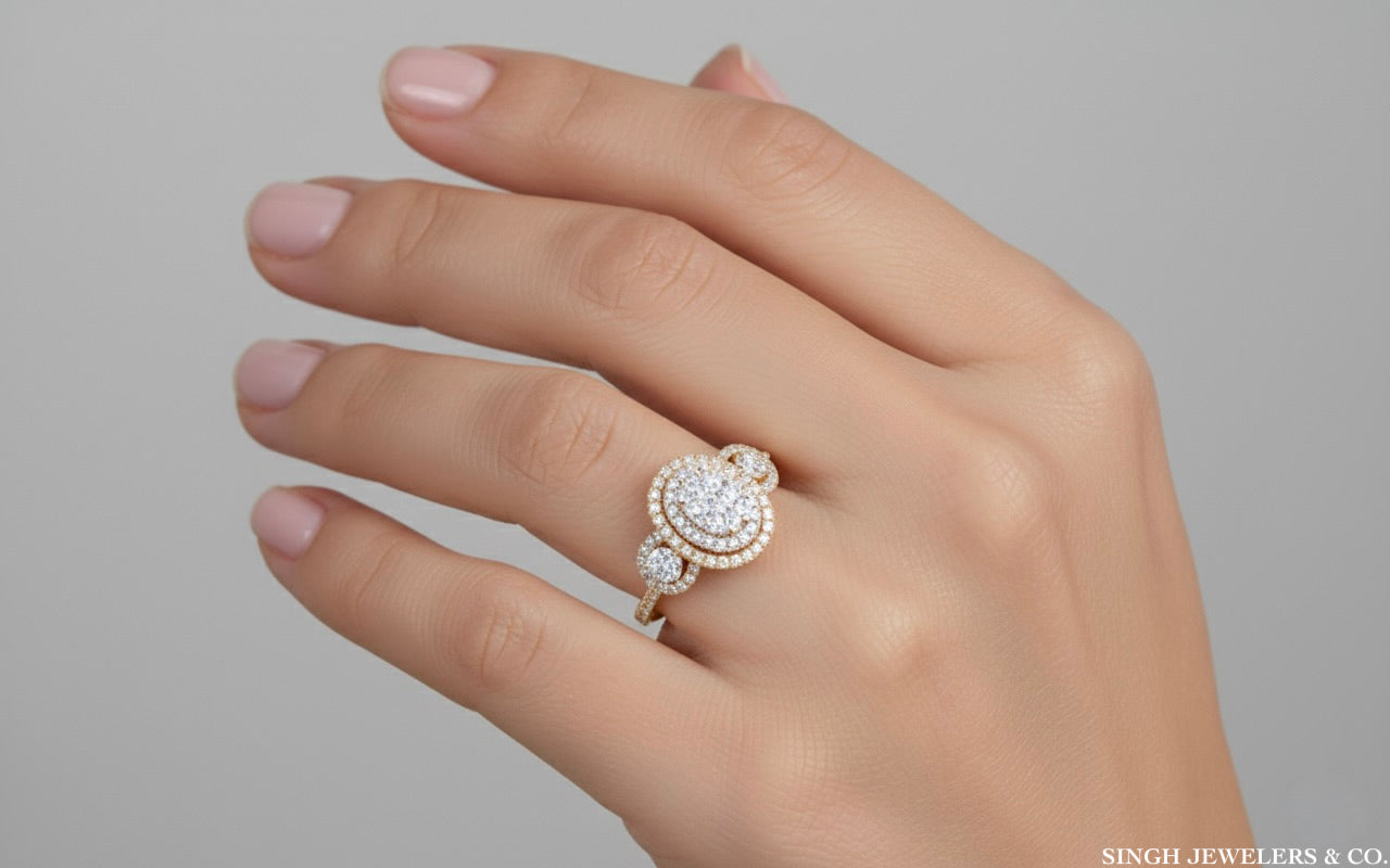 Hand wearing a diamond ring on a gray background with 'Singh Jewelers & Co.' branding.