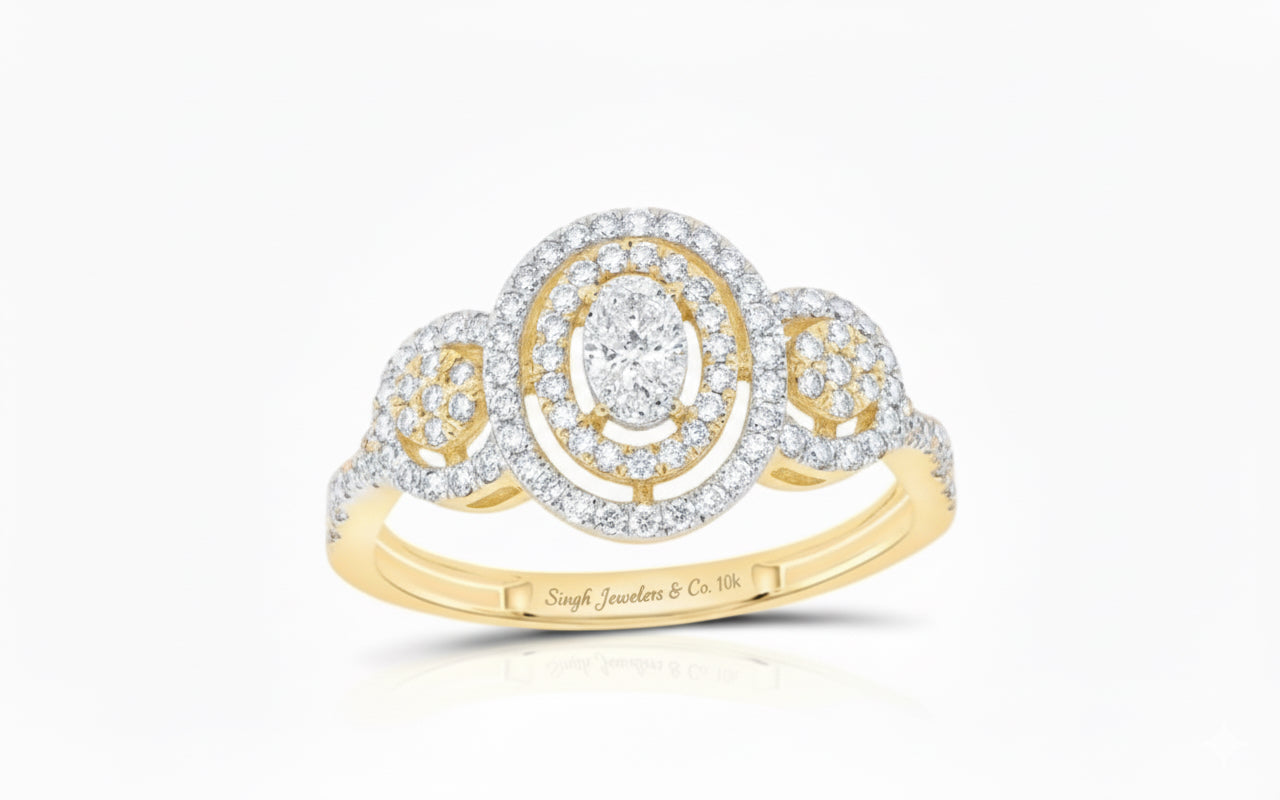 Gold ring with diamond accents on a white background