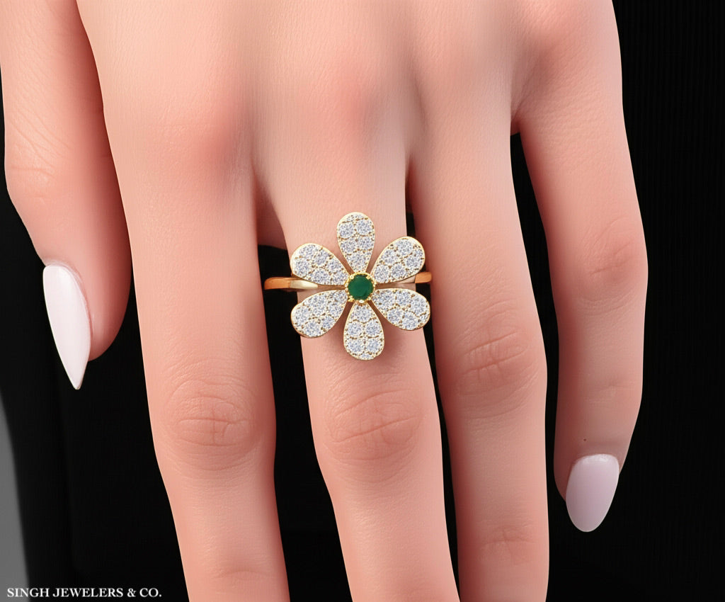Model wearing diamond-studded floral gemstone ring
