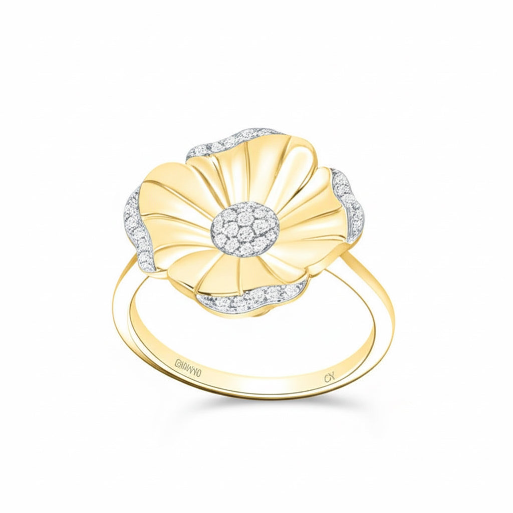 Gold ring with diamond accents on a white background