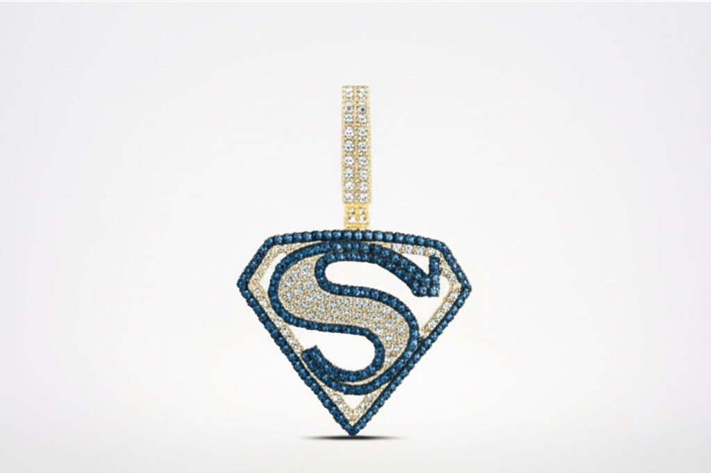 Superman logo pendant with blue gemstones on a white background