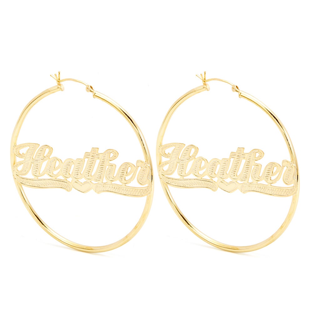 Large Cursive Diamond Cut Hoops w/Name.