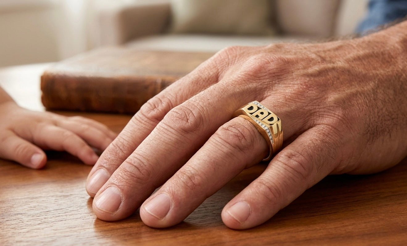 Father wearing a 10K Gold Diamond Dad Ring with 0.05 CTW diamonds
