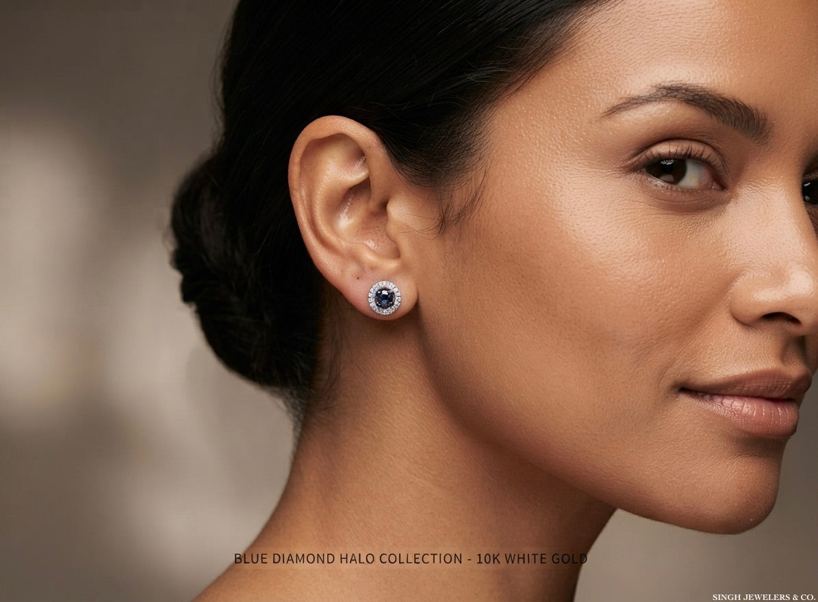 10K White Gold Round Blue Diamond Halo Stud Earrings – 1/5 CTTW