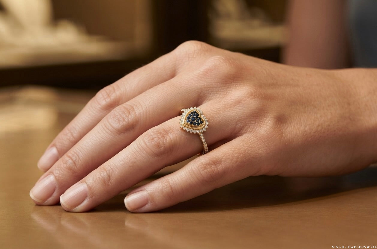 Close-up of natural blue sapphire and diamond heart ring