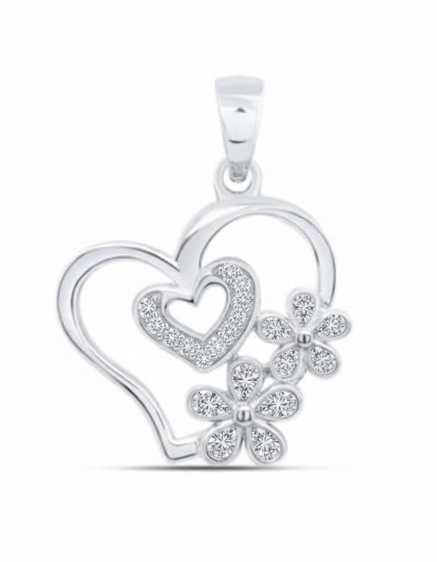 Silver pendant with heart design and floral elements on a white background