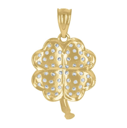 10kt Yellow Gold Clover Good Luck Charm Pendant with CZ Stones – 4 Leaf Clover Design, 21mm Height, 12.16mm Width